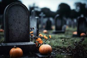 un imagen de un calabaza con un tallado cara en un cementerio a noche con un lleno Luna en Víspera de Todos los Santos, ai generativo foto