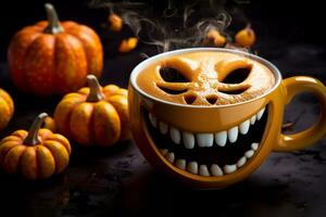 A photo of a coffee cup with a pumpkin face on the foam sitting on a dark wooden table with stacked pumpkins in the background, ai generative