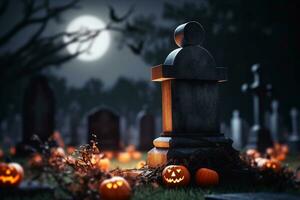 A picture of a pumpkin with a carved face in a graveyard at night with a full moon on halloween, ai generative photo