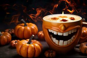 A photo of a coffee cup with a pumpkin face on the foam sitting on a dark wooden table with stacked pumpkins in the background, ai generative