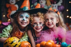 A photo of three happy siblings in funny halloween costumes indoors, ai generative