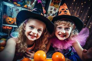 A photo of three happy siblings in funny halloween costumes indoors, ai generative