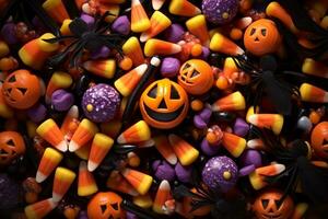 A picture of a halloween background with spiders and candy, ai generative photo