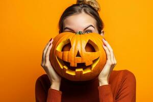 A photo of a young woman with a pumpkin against a bright orange background, ai generative