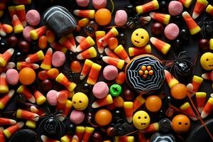 A picture of a halloween background with spiders and candy, ai generative photo