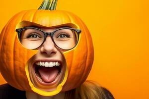 un foto de un joven mujer con un calabaza en contra un brillante naranja fondo, ai generativo