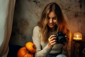 un imagen de un joven mujer con un calabaza y un cámara a hogar en un otoño día, ai generativo foto