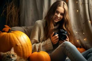 A picture of a young woman with a pumpkin and a camera at home on an autumn day, ai generative photo