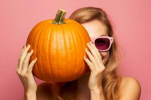 A picture of a young woman holding a pumpkin against a pink background, ai generative photo