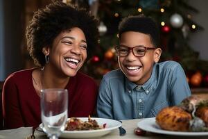 A photo of an african american mother and son smiling at each other during thanksgiving dinner, ai generative