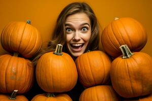 Picture of a young woman holding pumpkins on an orange background, ai generative photo