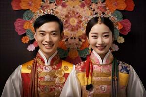 A photo of a smiling couple in korean traditional dress with one hand each raised in front of them, ai generative