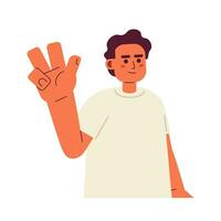 Muslim man showing victory sign semi flat color vector character. Hand gesture. Peace. Editable half body person on white. Simple cartoon spot illustration for web graphic design