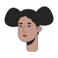 Two buns black girl 2D linear cartoon character head. African american woman 90s retro hairstyle isolated line vector person face white background. Young female afro hair color flat spot illustration