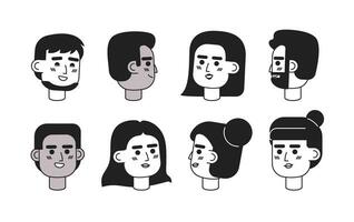 multicultural personas contento negro y blanco 2d vector avatares ilustración colocar. diferente género y años mujer, hombres contorno dibujos animados personaje caras aislado. sonriente plano usuario perfil imágenes haz