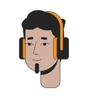 Hipster indian guy with soul patch beard 2D linear cartoon character head. Headphones south asian guy bearded isolated line vector person face white background. Color flat spot illustration