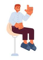 Bearded caucasian man sitting on swivel bar stool 2D cartoon character. European guy on barstool seating isolated vector person white background. Raising index finger color flat spot illustration