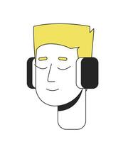 rubia superficie plana hombre auriculares escuchando música 2d lineal dibujos animados personaje cabeza. chico con plano parte superior Corte de pelo aislado línea vector persona cara blanco antecedentes. caucásico chico color plano Mancha ilustración