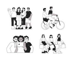 Friends activities monochromatic flat vector characters set. Spending time together. Editable thin line full body people on white. Simple bw cartoon spot images collection for web graphic design