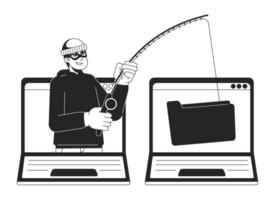 Phishing confidential information bw concept vector spot illustration. Phishing attack2D cartoon flat line monochromatic character for web UI design. Editable isolated outline hero image