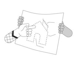 Suggesting changes to blueprint home cartoon human hands outline illustration. Brainstorming building project 2D isolated black and white vector image. Improvement flat monochromatic drawing clip art