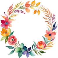 Colorful watercolor floral wreath with golden circle. AI Generative png