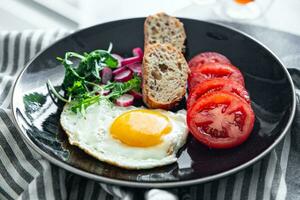 egg fried breakfast tasty fresh vegetable, toasted bread eating cooking appetizer meal food snack on the table copy space food background rustic top view photo