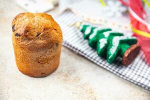 Panettone Navidad horneando dulce Pastelería seco frutas chocolate Navidad dulce postre fiesta tratar nuevo año celebracion comida comida bocadillo en el mesa Copiar espacio comida antecedentes rústico parte superior ver foto