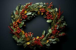 Natural holiday wreath from locally sourced materials isolated on a gradient background photo