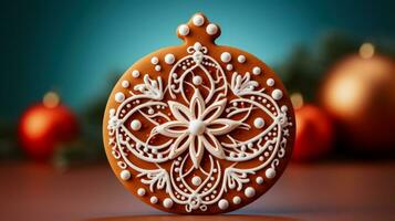 Eco friendly edible gingerbread ornament isolated on a gradient Christmas themed background photo