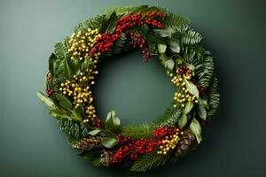 Natural holiday wreath from locally sourced materials isolated on a gradient background photo