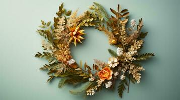 Natural holiday wreath from locally sourced materials isolated on a gradient background photo