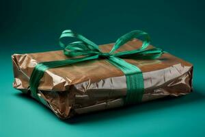 Gift wrapped in biodegradable material isolated on a gradient background photo