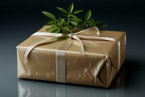 Gift wrapped in biodegradable material isolated on a gradient background photo