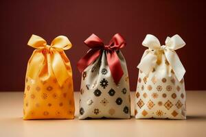 Reusable fabric gift bags with festive prints isolated on a gradient background photo