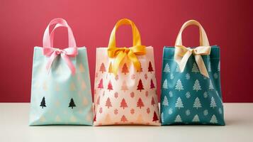 Reusable fabric gift bags with festive prints isolated on a gradient background photo