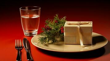 Biodegradable table setting for Christmas dinner isolated on a gradient background photo