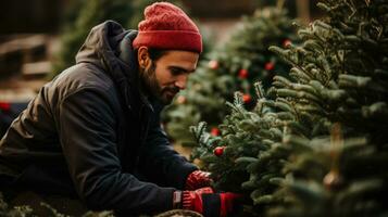 elegir un en la zona crecido árbol para un más sostenible Navidad celebracion foto