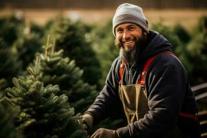 elegir un en la zona crecido árbol para un más sostenible Navidad celebracion foto