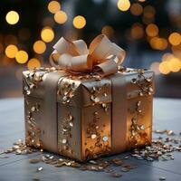 Festive gift box against bokeh background holiday greeting card AI Generative photo