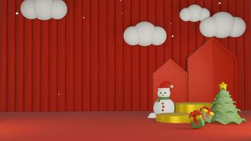 3d rood achtergrond met wolk en Kerstmis minimalistische podium, geschikt voor Product Promotie video