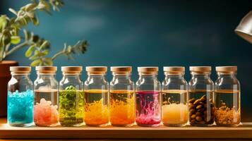 DIY genetic engineering kit on lab bench background with empty space for text photo
