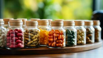 Close up of biohacking supplements on a white table background with empty space for text photo