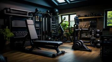 Biohacking fitness equipment setup in a garage background with empty space for text photo