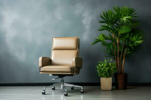 Modern office setup with ergonomically designed chair background with empty space for text photo