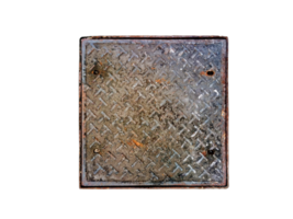 Rusted manhole cover, grunge style manhole cover, square edge, isolated PNG transparent