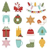 Set of Christmas and New year elements with gift, fir tree toys, sweater, cookies, and other decoration elements. Set of winter holiday icons. Design for prints, cards, posters. vector