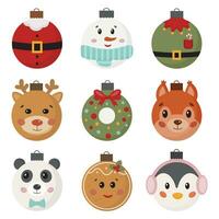 Set of hand drawn Christmas toys. Animals faces, Santa Claus, Elf, gingerbread, snowman, cute Christmas balls for kids. Xmas glass toy. Holiday Christmas toy for fir tree. vector