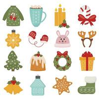 Christmas festive vector collection with Christmas tree toys, gift, fir tree, sweater, cookies, candy. Set of winter holiday icons. Design for prints, cards, posters. Bright Christmas set.