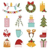 Set of Christmas and New year elements with gift, fir tree toys, sweeter, cookies and other decoration elements. Set of winter holiday icons. Design for prints, cards, posters. vector